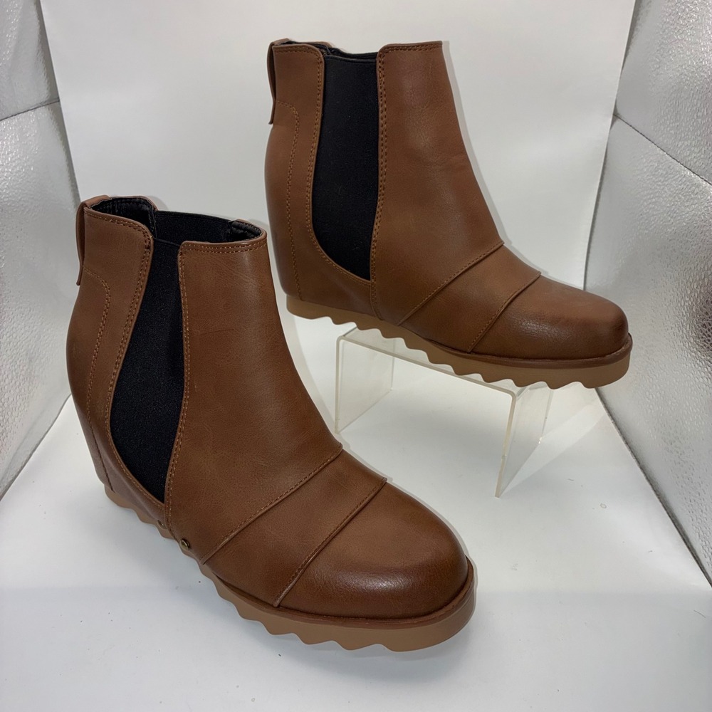 Jolimall Brown Faux Leather Wedge Ankle Boots Scalloped Sole Size 7